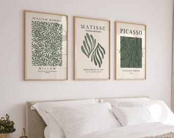 Forest Green Art Print Set of 3 | Henri Matisse & William Morris Green Wall Art | Neutral Green Vintage Botanical Poster | Digital Download