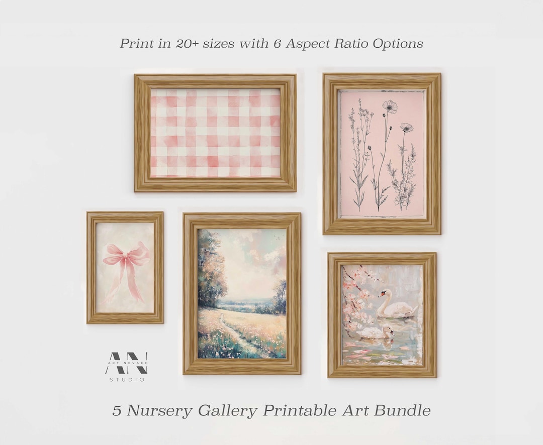 Set of 5 Pink Nursery Prints, Pastel Wall Art for Girls Room, Vintage ...
