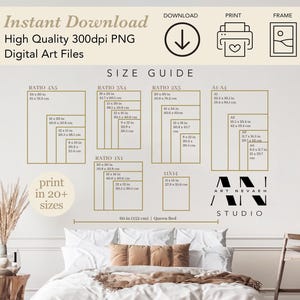The image is a wall with a guide for sizes of digital art files, including a list of different sizes and corresponding dimensions.