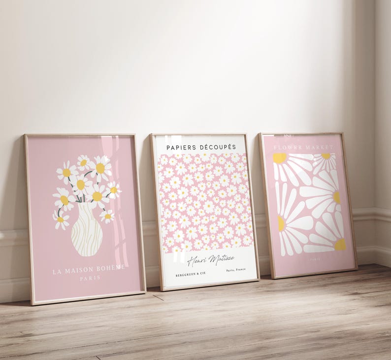Pink Daisy Prints Set: Modern Floral Wall Art (Digital Download) image 3