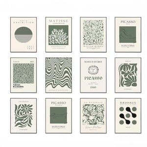 Set med 12 skogsgröna konsttryck, botaniska, Matisse, Picasso (digital nedladdning)