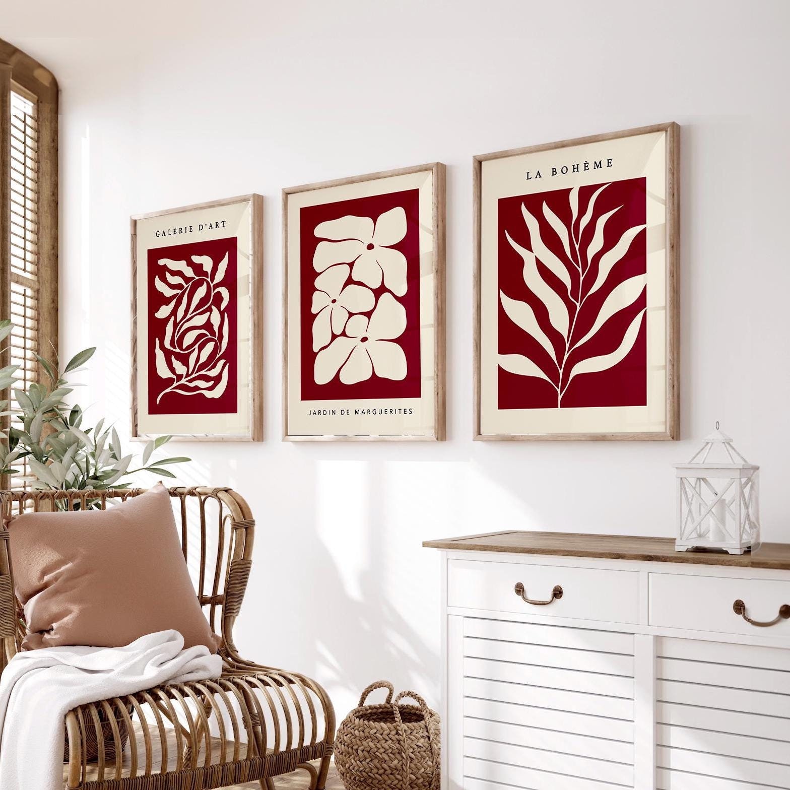 3 Burgundy Prints, Wine Red Wall Art, Modern Art, Wine Red, Maroon Print, Floral Wall Art, Wine Wall Decor, Living Room Art Printable