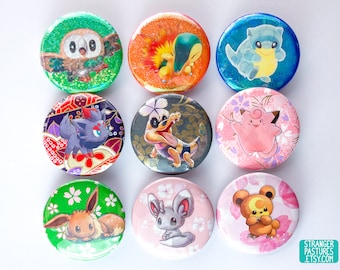 Gacha Pokégami Buttons -  Surprise buttons in 3 different styles (OOAK handmade collage buttons featuring TCG cards)