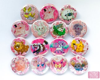 Pokégami Buttons - Batch 3 - Holographic Cuties (OOAK handmade collage buttons featuring TCG cards and origami paper)