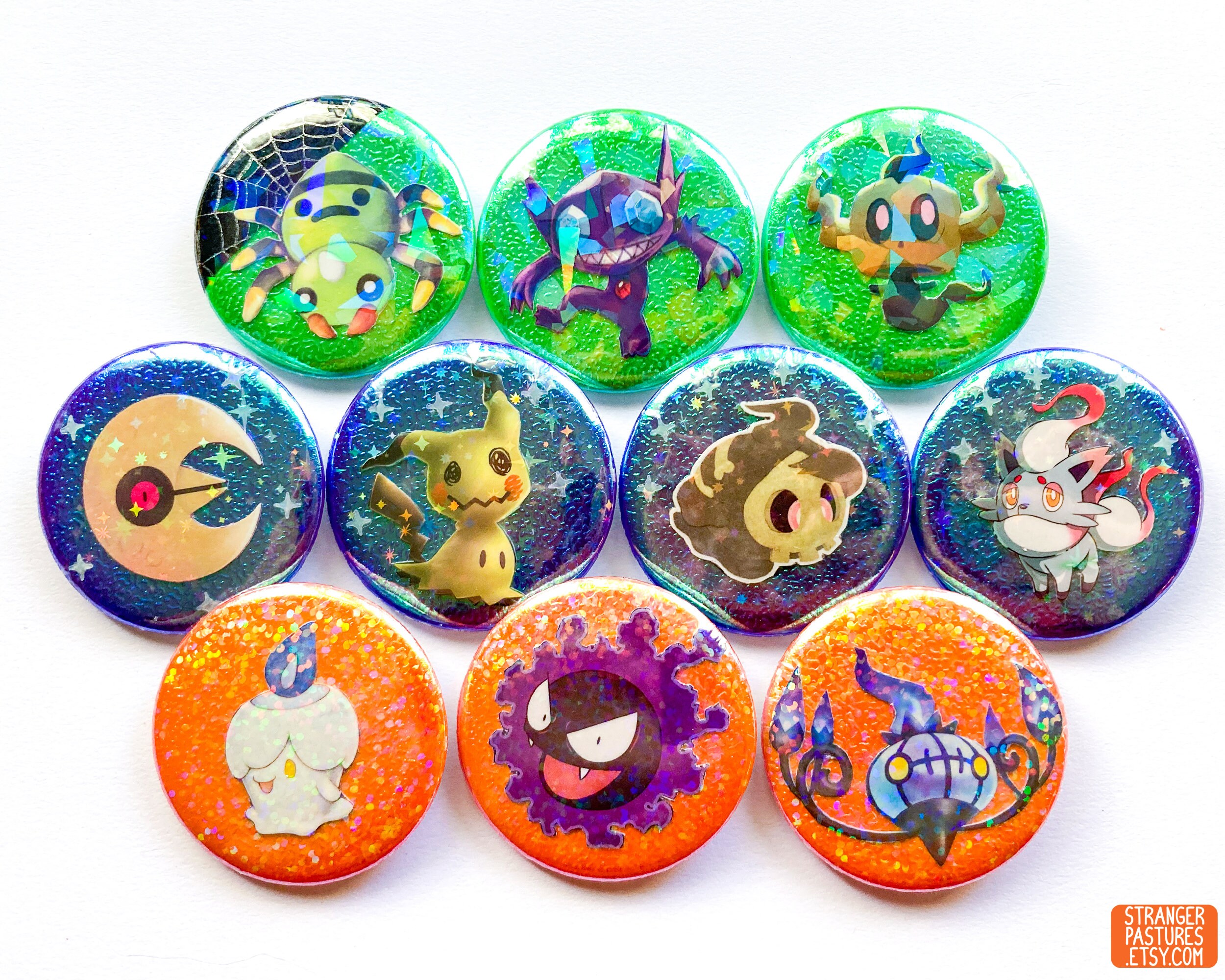 Pokégami Buttons - Halloween edition (OOAK handmade collage buttons featuring TCG cards and iridescent origami paper)