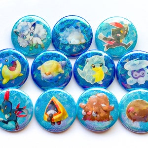 Pokégami Buttons - Batch 2 Holographic Ice Types (OOAK handmade collage buttons featuring TCG cards and iridescent origami paper)