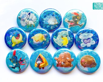Pokégami Buttons - Batch 2 Holographic Ice Types (OOAK handmade collage buttons featuring TCG cards and iridescent origami paper)