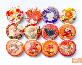 Pokégami Buttons - Batch 4 - Fire Types (OOAK handmade collage buttons featuring TCG cards and origami paper)