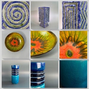 May include: A collection of ceramic art pieces featuring a variety of designs and colors. Includes a blue and white spiral design, a rectangular blue vase with a spiral pattern, and a bowl with orange and green floral patterns. Also, a turquoise vase.