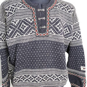 May include: A grey and white patterned sweater with a round neck and three silver clasps. The sweater features a geometric design and red accents around the neck and cuffs. The cuffs also have silver buttons.