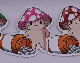 Mushroom & Pill Bottle Sticker – Kawaii Vinyl Decal