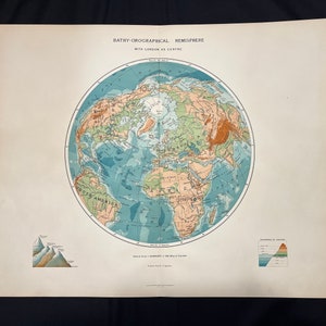 Antieke bathy-orografische halfrondkaart met Londen als centrum uit 1906