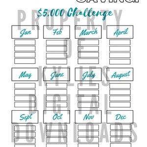 May include: A printable 52-week savings challenge chart with a $5,000 goal. The chart is divided into 12 months, with each month having five blank lines for weekly savings amounts.