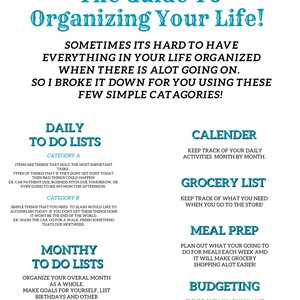 May include: A colorful infographic titled "The Guide To Organizing Your Life!" with a blue and white color scheme. The infographic lists different categories for organizing your life, including daily to-do lists, monthly to-do lists, a calendar, a grocery list, meal prep, and budgeting.