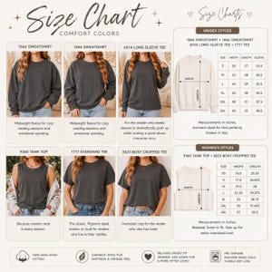 Comfort Colors size chart for Beach Reads listings. Unisex styles 1566 sweatshirt, 1466 sweatshirt, 6014 long sleeve tee, and 1717 tee sized S–3XL. Women's styles 9360 tank top and 3023 boxy cropped tee sized XS–3XL. All measurements in inches. Garment-dyed relaxed fit — women size down for a more fitted look, size up for oversized.