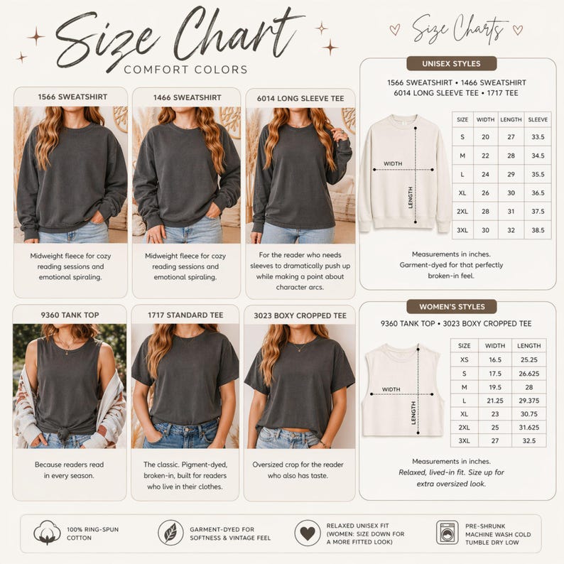 Comfort Colors size chart for Beach Reads listings. Unisex styles 1566 sweatshirt, 1466 sweatshirt, 6014 long sleeve tee, and 1717 tee sized S–3XL. Women's styles 9360 tank top and 3023 boxy cropped tee sized XS–3XL. All measurements in inches. Garment-dyed relaxed fit — women size down for a more fitted look, size up for oversized.