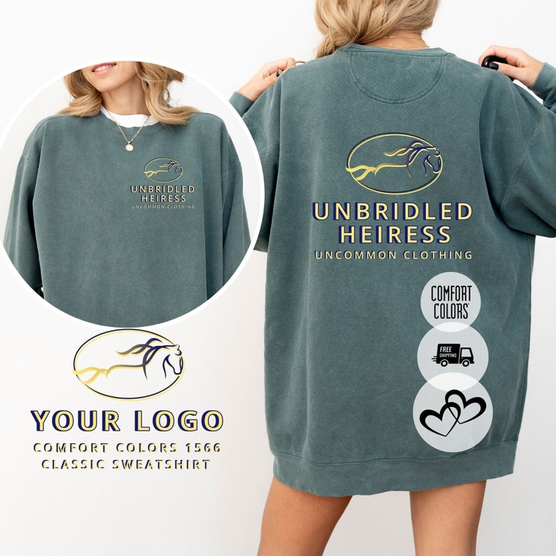 Blue Spruce Comfort Colors sweatshirt with custom logo – front and back view of branded merch crewneck in deep teal-green.