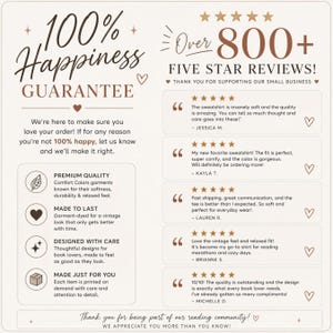 May include: A beige informational graphic featuring the text 100% Happiness Guarantee and Over 800+ Five Star Reviews. It includes four bullet points detailing garment quality and five customer testimonials with five-star ratings and heart icons.