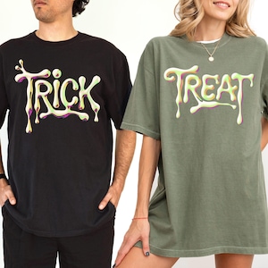 Comfort Colors Trick & Treat Matching Halloween Shirts, Halloween Couple T-shirts, Spooky Matching Tees, Minimalist Fall Party Outfits