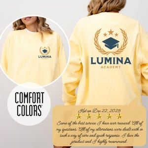 Butter Comfort Colors sweatshirt with custom logo – front and back view of branded merch crewneck in muted yellow.