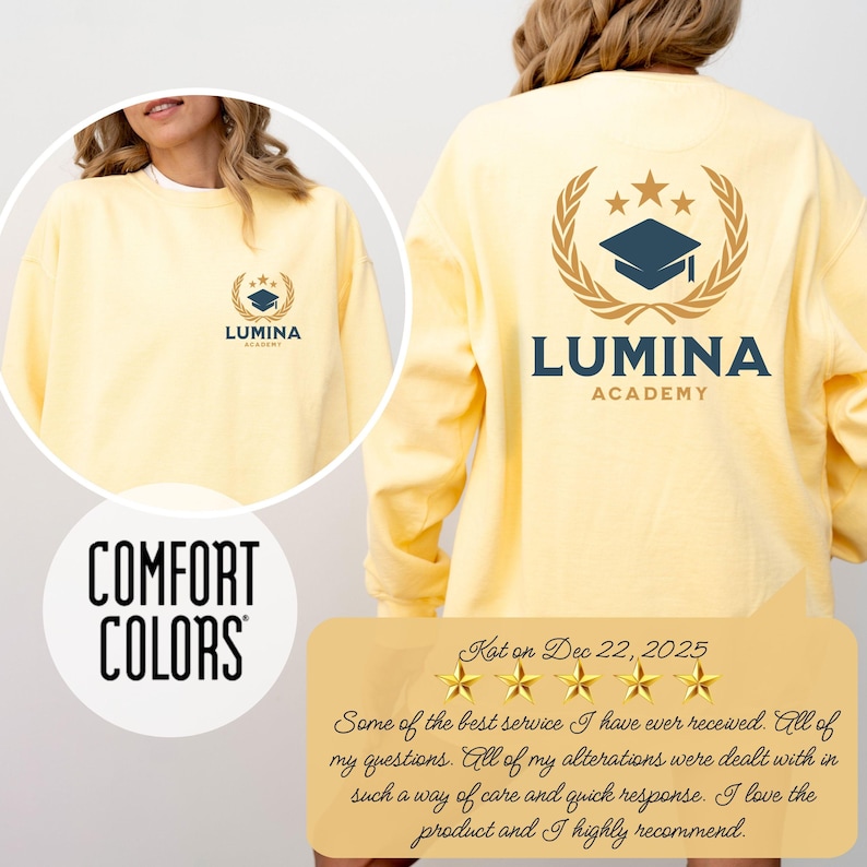 Butter Comfort Colors sweatshirt with custom logo – front and back view of branded merch crewneck in muted yellow.