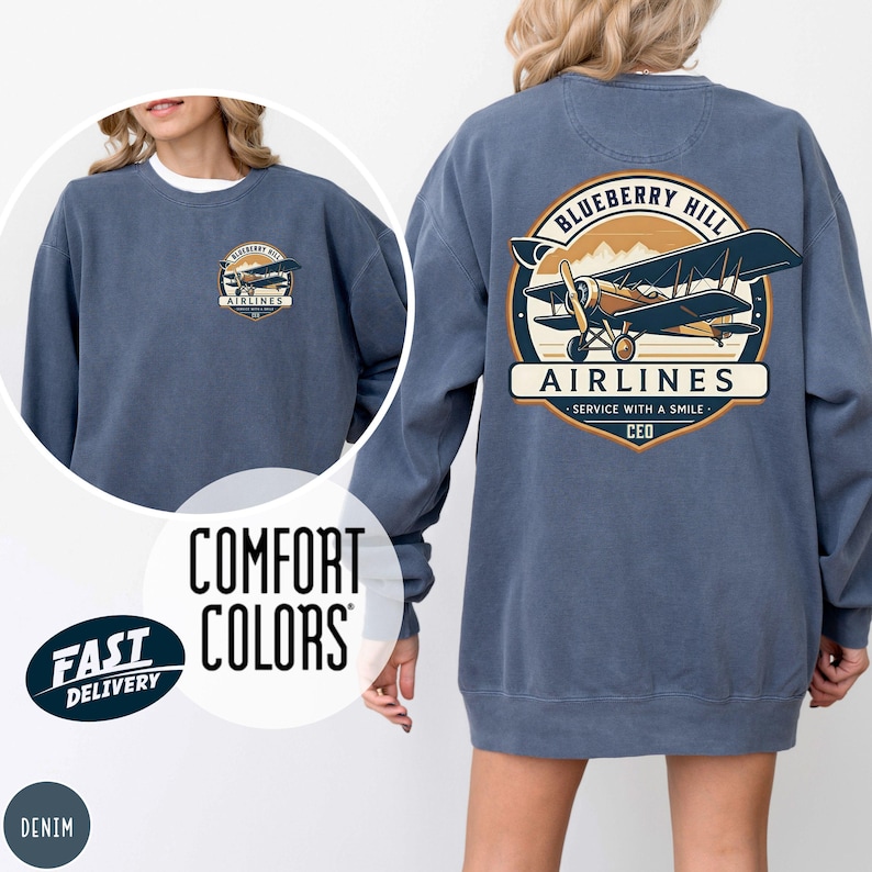 Denim Comfort Colors sweatshirt with personalized logo print – front and back views of branded merch crewneck in muted denim-blue.