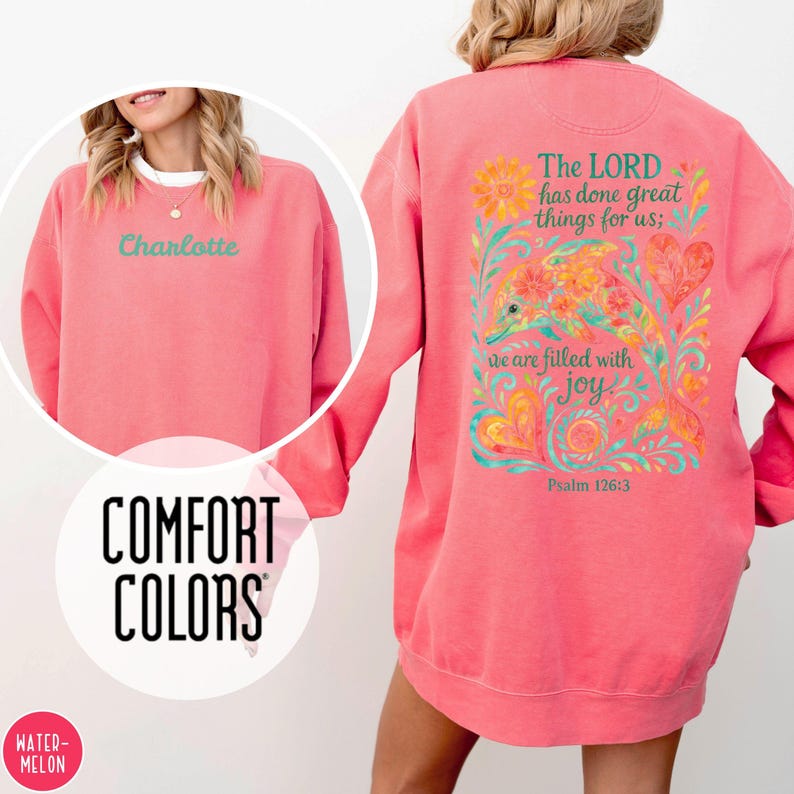 Watermelon Comfort Colors sweatshirt with custom logo – front and back view of branded merch crewneck in bight peachy pink.