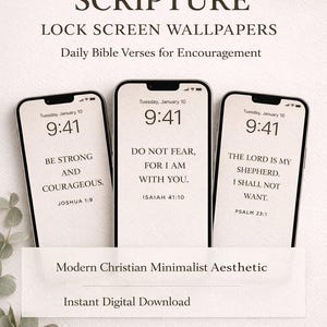Può includere: Tre smartphone mostrano sfondi per la schermata di blocco con versetti biblici. Il testo recita "30 GIORNI DI SCRITTURA SFONDI SCHERMATA DI BLOCCO" e "Versetti biblici quotidiani per l'incoraggiamento". Gli schermi mostrano citazioni ispiratrici. Il design è un'estetica minimalista cristiana moderna.