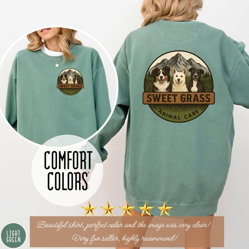 Light Green Comfort Colors crewneck with custom logo graphic – front and back displayed on branded merch sweatshirt in a soft light-green hue.