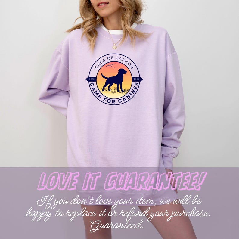 Orchid Comfort Colors sweatshirt with custom logo – front view of branded merch crewneck in a pastel orchid-purple color.