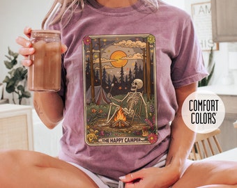 Funny Happy Camper Tarot Card Comfort Colors Tee, Funny Mom Gift, Tarot Card T-Shirt, Camping Shirt, Adventure Skeleton Tee