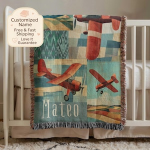 Personalized Airplane Baby Blanket, Custom Name Blanket for Baby Boy Nursery, Vintage Plane Nursery Decor, Travel Baby Shower Gift