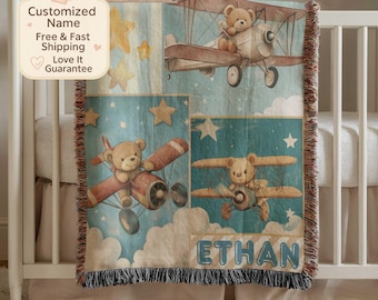Personalized Teddy Airplane Baby Blanket, Custom Boy Gift for Nursery Decor, Baby Shower or Nephew Gift from Aunt or Grandma
