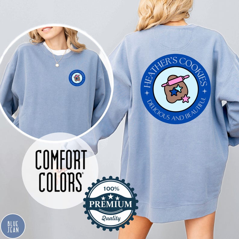 Blue Jean Comfort Colors sweatshirt with custom logo – front and back view of branded merch crewneck in light blue jean color.