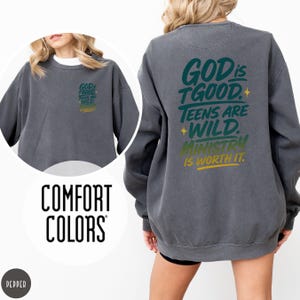 Pepper Comfort Colors sweatshirt with custom logo – front and back view of branded merch crewneck in dark muted gray.