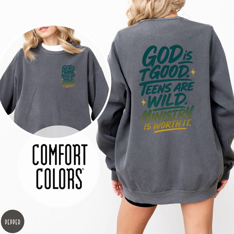 Pepper Comfort Colors sweatshirt with custom logo – front and back view of branded merch crewneck in dark muted gray.
