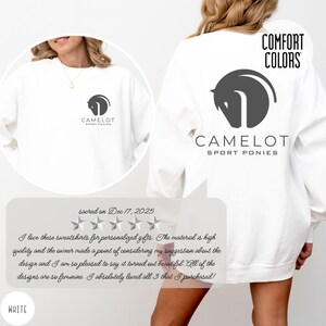 White Comfort Colors sweatshirt with custom logo – front and back view of branded merch crewneck in bright white.