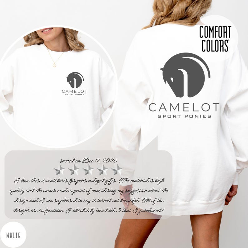 White Comfort Colors sweatshirt with custom logo – front and back view of branded merch crewneck in bright white.