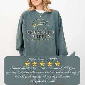 Blue Spruce Comfort Colors sweatshirt with custom logo – front view of branded merch crewneck in deep teal-green.