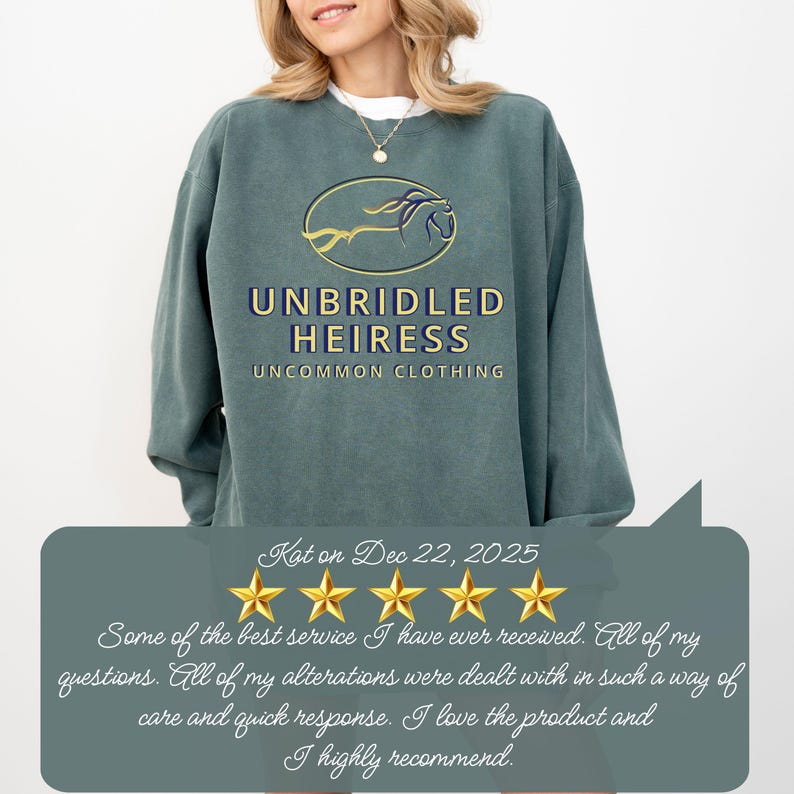 Blue Spruce Comfort Colors sweatshirt with custom logo – front view of branded merch crewneck in deep teal-green.