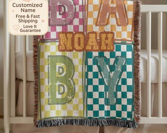 Personalized Checkerboard Baby Blanket, Colorful Baby Name Gift, Custom Big Brother or Cousin Gift, Bold Nursery Decor for Boys or Girls