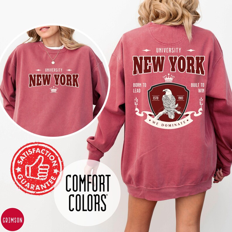 Crimson Comfort Colors crewneck sweatshirt featuring a custom logo design – shown front and back, branded merch in rich red.