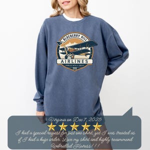 Denim Comfort Colors sweatshirt with custom logo – front view of branded merch crewneck in dark blue color.