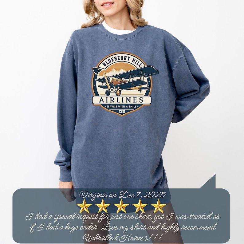 Denim Comfort Colors sweatshirt with custom logo – front view of branded merch crewneck in dark blue color.