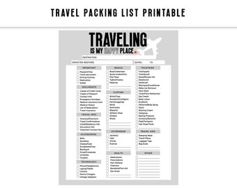 Travel Packing List Printable - Letter Size - Use for Vacation, Cruises, Roadtrips or Flights