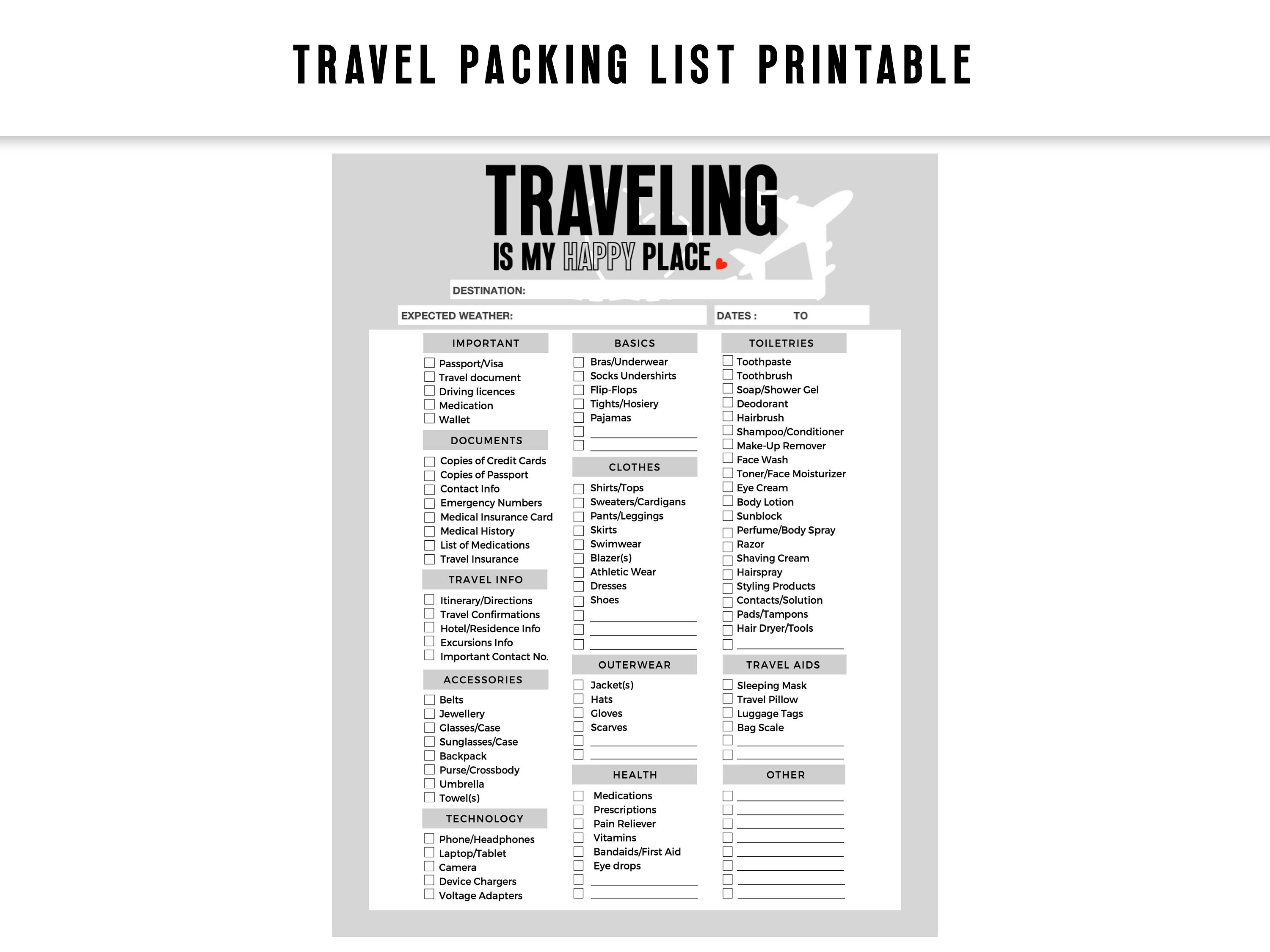 Packing Letters Travel Packing List Printable - Letter Size - Use for Vacation, Cruises ...