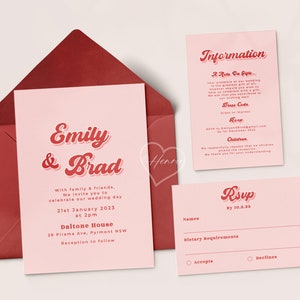 Hochzeitseinladung Set, Einladung, Details Karte und Rsvp Karte, Hochzeitseinladung Suite Vorlage, Retro Pink