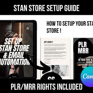 May include: A digital guide titled "STAN STORE SETUP GUIDE" with the text "How to Set Up Your Stan Store!" displayed. The guide includes a tablet screen with "How to Set Up Stan Store & Email Automation" and other documents. The Canva logo is visible.