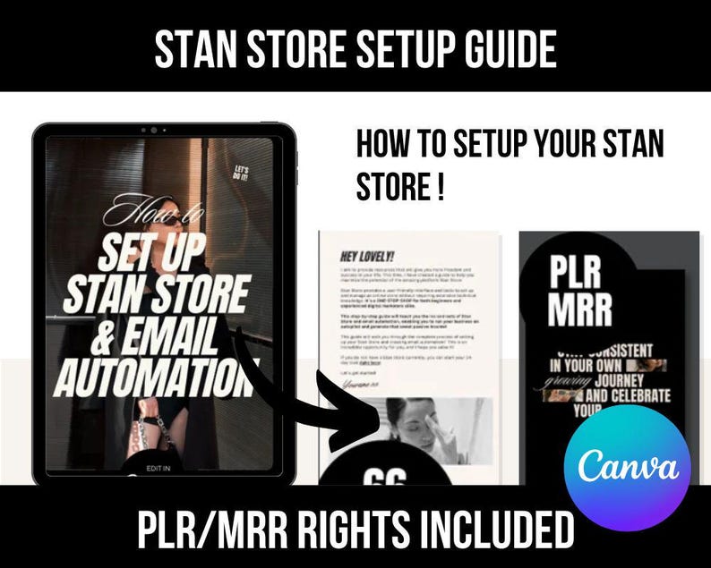 May include: A digital guide titled "STAN STORE SETUP GUIDE" with the text "How to Set Up Your Stan Store!" displayed. The guide includes a tablet screen with "How to Set Up Stan Store & Email Automation" and other documents. The Canva logo is visible.