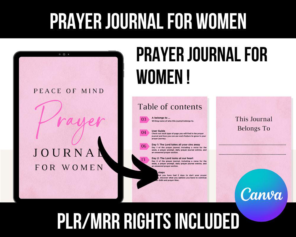 Prayer Journal for Women | Canva Editable Prayer Journal Ebook | Faith Based Digital Journal | Peace of Mind Daily Prompts | PLR MRR |